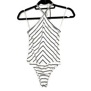 BP Stripe Black White Criss Cross Halter Bodysuit